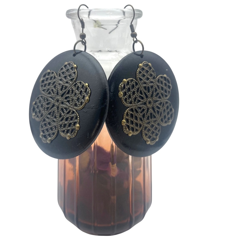 Statement Earrings Black‎ Wood Flower Boho Chic Dangle Drop Earrings hippie gold